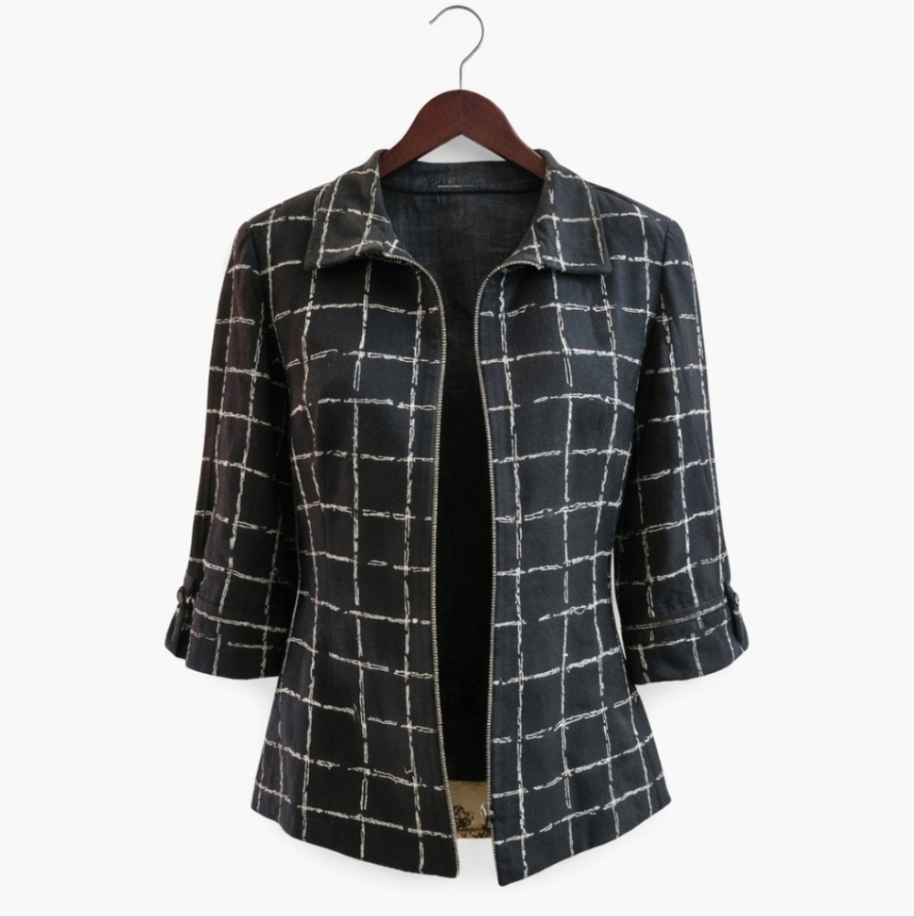 Carlisle Black Silk Retro Glam Futuristic Checkered Plaid Shacket Size 4